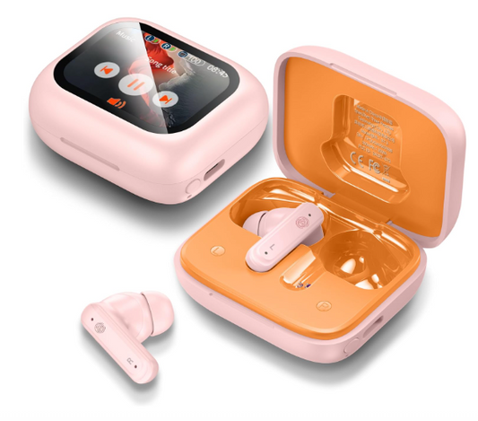 Unique Pink Wireless Bluetooth Earbuds with Touch Screen Charging Case